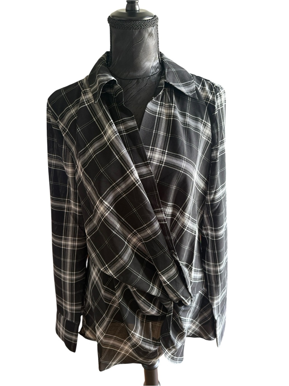 Laundry Shelli Segal XL Black White Plaid Twist Front Faux Wrap Blouse Shirt